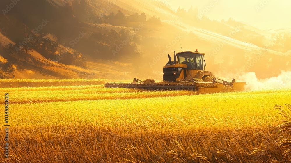 Fototapeta premium A powerful rice harvester moves through the golden fields, efficiently cutting and gathering rice