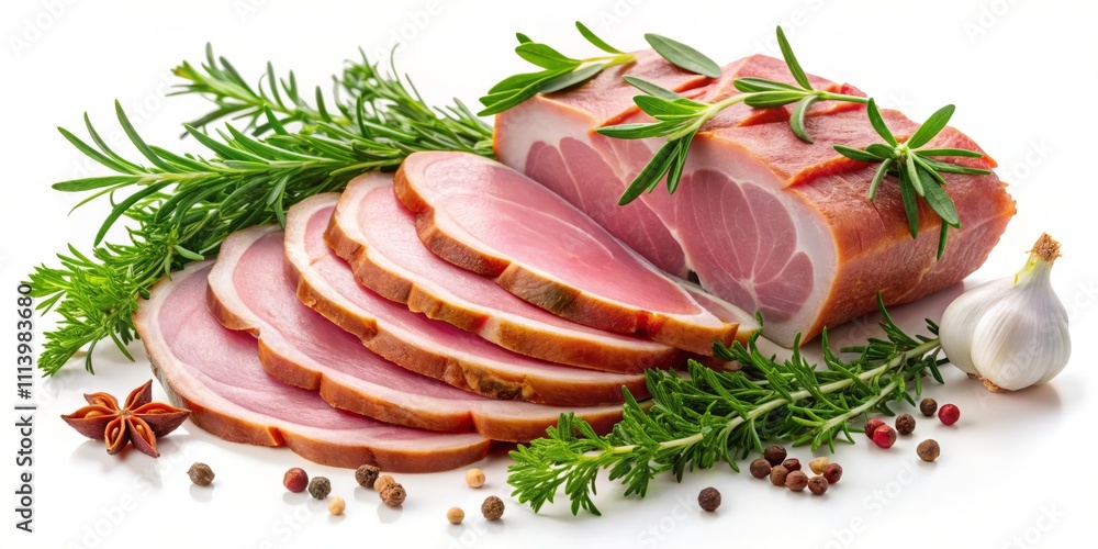 Sliced Ham with Fresh Herbs on a White Isolated Background for Culinary Presentation and Food Photography Sliced Ham with Fresh Herbs on a White Isolated Background for Culinary Presentation and Food Photography