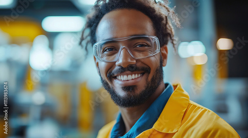 smiling man with safety glasses and a yellow jacket, in a factory setting