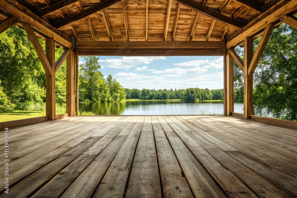 Scenic lakeside view from a wooden pavilion during a sunny afternoon Scenic lakeside view from a wooden pavilion during a sunny afternoon