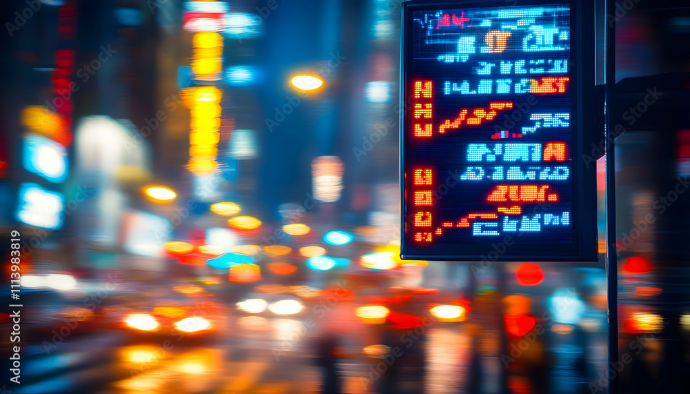 Vibrant city night scene with a dynamic stock ticker displaying fluctuating numbers, conveying financial market activity and urban energy. Vibrant city night scene with a dynamic stock ticker displaying fluctuating numbers, conveying financial market activity and urban energy.