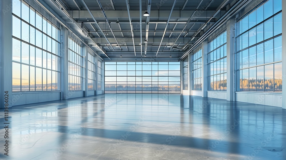 Expansive Industrial Space with Floor-to-Ceiling Windows and Panoramic View Expansive Industrial Space with Floor-to-Ceiling Windows and Panoramic View