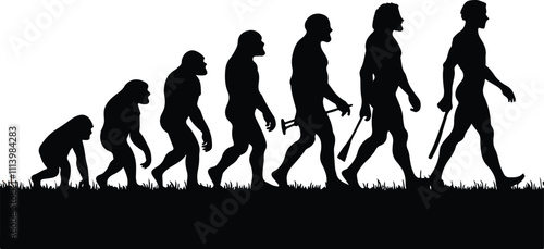 Clean Black and white vector silhouette of a Evolution of human specie on white background