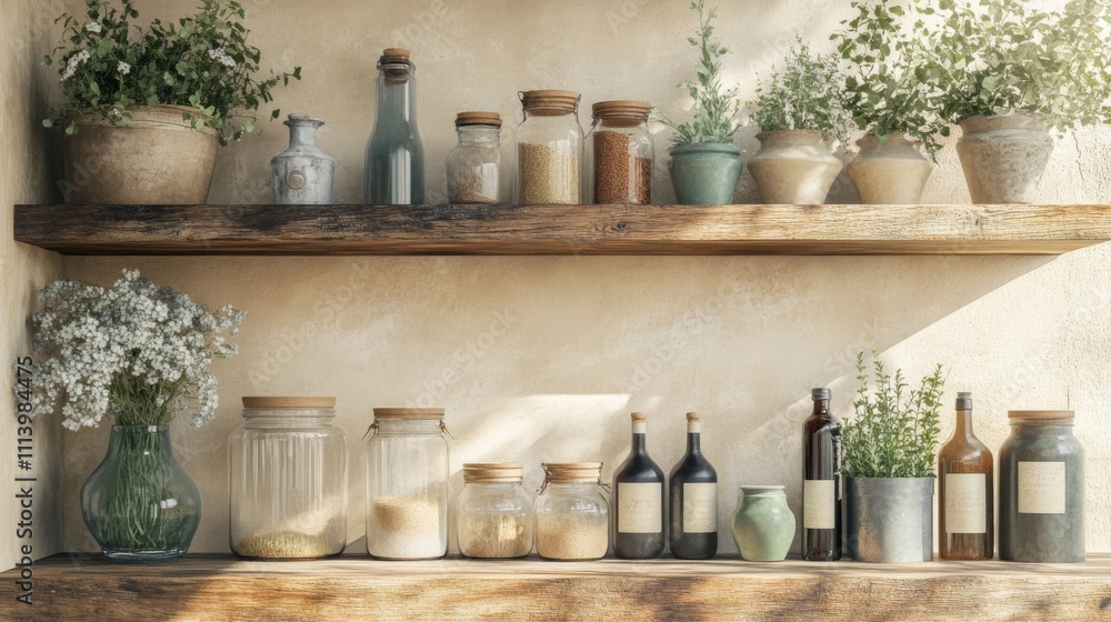 Rustic Kitchen Shelves with Glass Jars and Plants Rustic Kitchen Shelves with Glass Jars and Plants