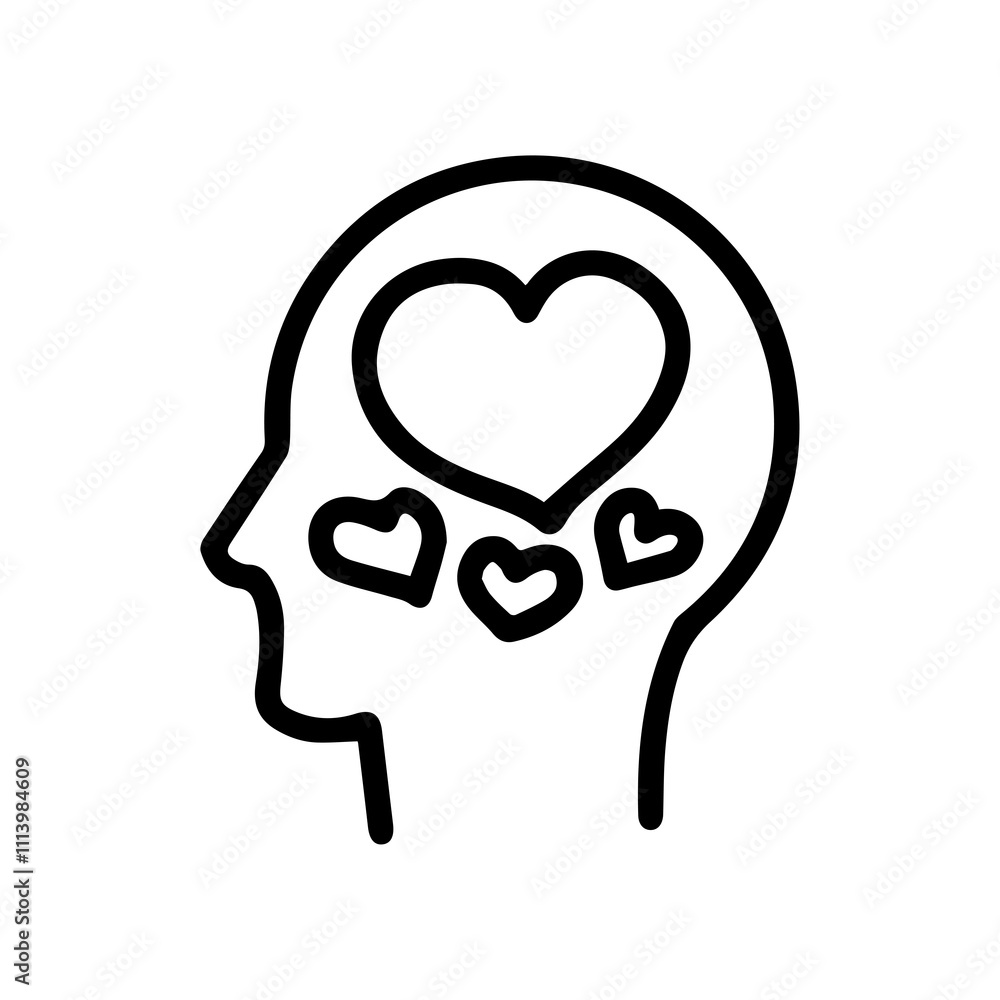 Line art illustration of a head with hearts inside. Symbolizes love, compassion, kindness, empathy, and affection. Perfect for love, relationships, and mental health concepts Line art illustration of a head with hearts inside. Symbolizes love, compassion, kindness, empathy, and affection. Perfect for love, relationships, and mental health concepts