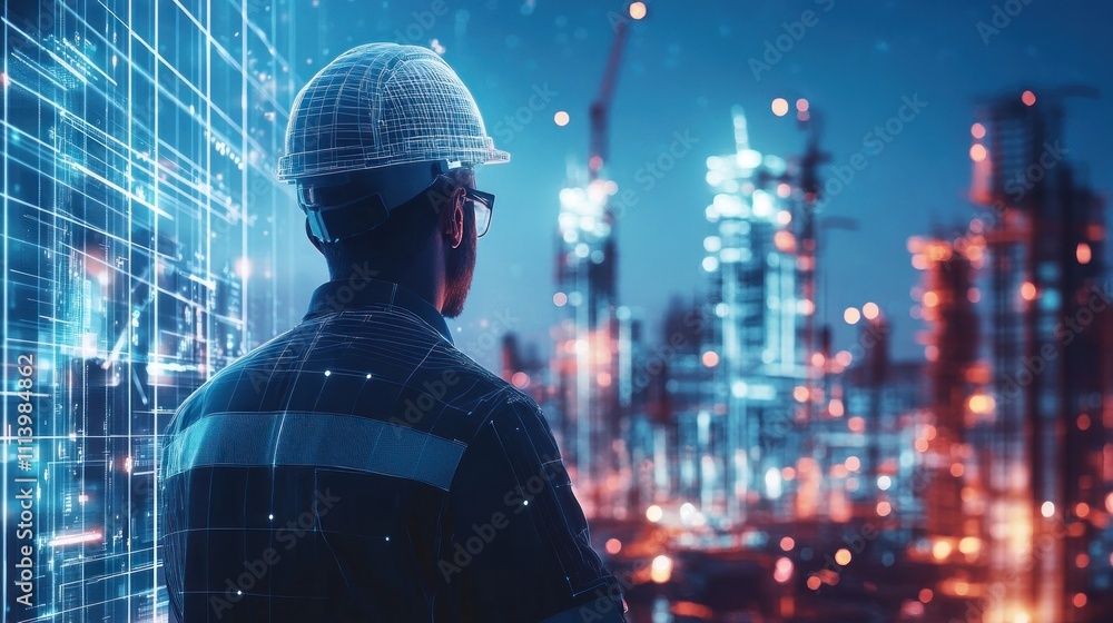 Fototapeta premium Real Estate Project Construction Site with Architectural Engineer, Investor and Worker Finish Industrial Building Development by Using 3D VFX Graphics. 