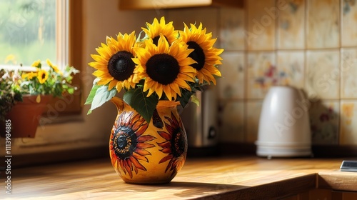 Wallpaper Mural A rustic, hand-painted terracotta flower vase with a sunflower design, sitting on a kitchen counter with a bouquet of fresh sunflowers, Torontodigital.ca