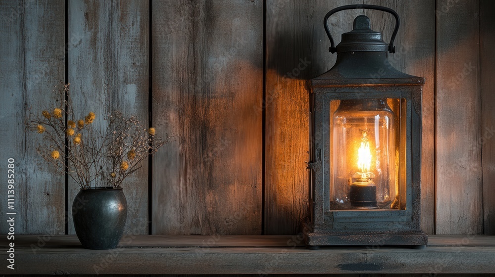 A rustic lantern-style lamp with a distressed metal frame, creating an inviting and vintage atmosphere in a country or farmhouse-style home A rustic lantern-style lamp with a distressed metal frame, creating an inviting and vintage atmosphere in a country or farmhouse-style home