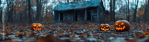 Halloween celebration with jack-o'-lanterns abandoned house outdoor scene autumn forest frontal view spooky atmosphere photo