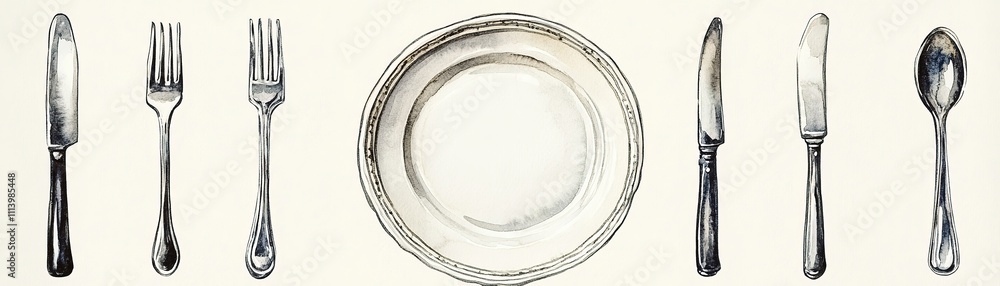 Elegant table setting with cutlery and plate home dining illustration minimalist style top view culinary art Elegant table setting with cutlery and plate home dining illustration minimalist style top view culinary art