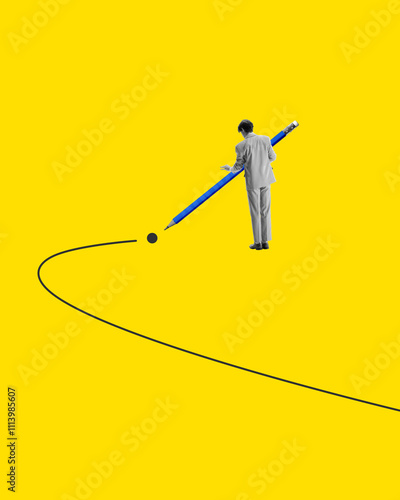 Man using giant pencil to draw path on vibrant yellow background, symbolizing creativity, turning point and decision-making. Contemporary art collage. Concept of business, growth, choice