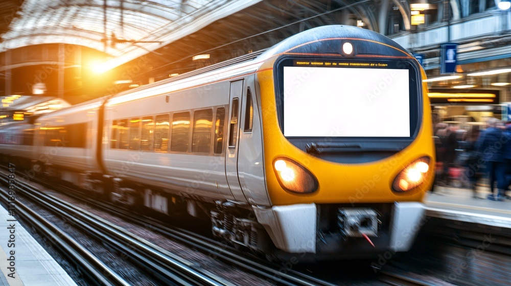 Fototapeta premium Advertise billboard display mockup concept. A modern train speeding through a brightly lit station during sunset.