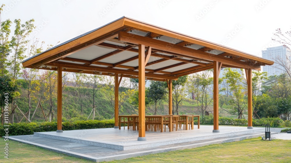 Wooden Gazebo With Tables And Chairs In Park Setting Wooden Gazebo With Tables And Chairs In Park Setting