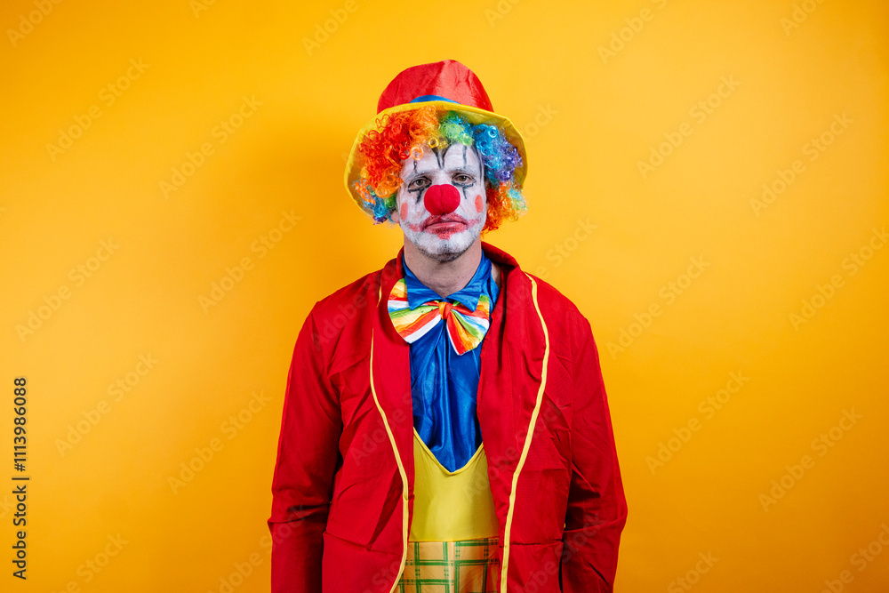 A pensive, sad adult clown on a vibrant yellow background. A pensive, sad adult clown on a vibrant yellow background.