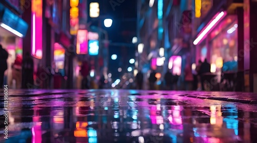 Night street reflection, vibrant neon lights, wet pavement, urban scene with colorful lights shining on the ground creating a visually stunning effect