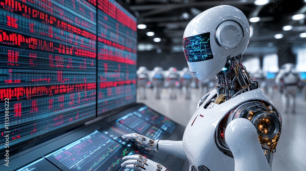 Fototapeta premium Futuristic robot operates control panel in a high-tech facility with digital displays.