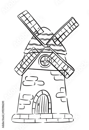 Hand drawn sketch of a traditional windmill with detailed stonework and crossing blades vector illustration