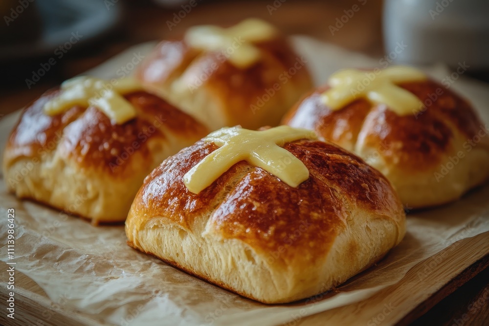 Golden-brown hot cross buns with creamy crosses, freshly baked. Perfect for Easter celebrations or springtime treats, showcasing delicious, homemade goodness. Golden-brown hot cross buns with creamy crosses, freshly baked. Perfect for Easter celebrations or springtime treats, showcasing delicious, homemade goodness.