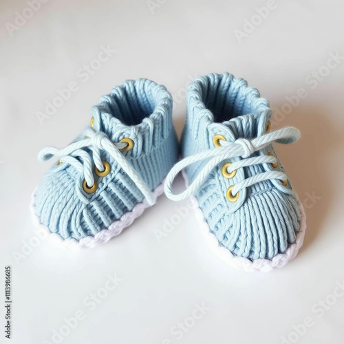 Hand-knitted little baby shoes, resembling tiny sneakers,