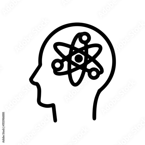 Line art illustration of a head with an atom. Symbolizes science, intelligence, knowledge, discovery, and innovation. Perfect for science, education, and technology concepts