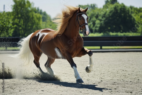 Majestic horse gallops gracefully on a sunny day at an outdoor equestrian arena