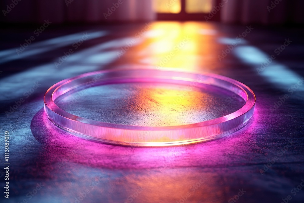 Fototapeta premium Illuminated Glass Ring on Glowing Surface Abstract Product Display