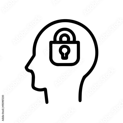 Line art illustration of a human head with a locked padlock inside. Symbolizes secrecy, privacy, confidentiality, security, and protection. Perfect for business, technology, and security concepts