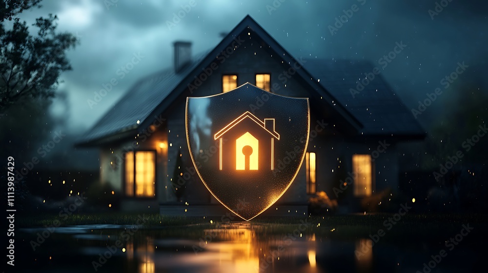 Poster design showcasing house with protective shield concept image Poster design showcasing house with protective shield concept image