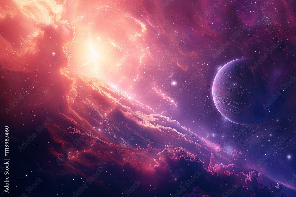 Obraz premium Design a podcast cover art depicting a journey through space for a Sci-fi series .A view of Earth from space, surrounded by twinkling stars and a colorful nebula in the vast universe.