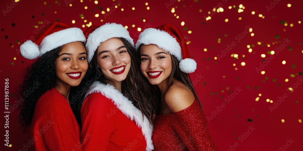 Festive celebration with three smiling young womens in santa hats on a sparkling background Festive celebration with three smiling young womens in santa hats on a sparkling background