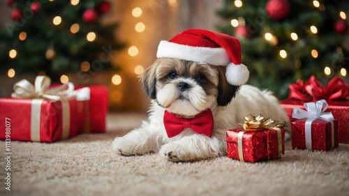 Adorable shih tzu puppy in santa hat among christmas gifts and decorations photo