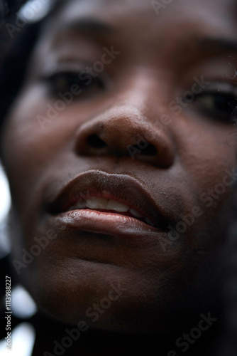 Close-up of a woman's face focusing on her nose and mouth against a blurry background, Brandenburg, Germany