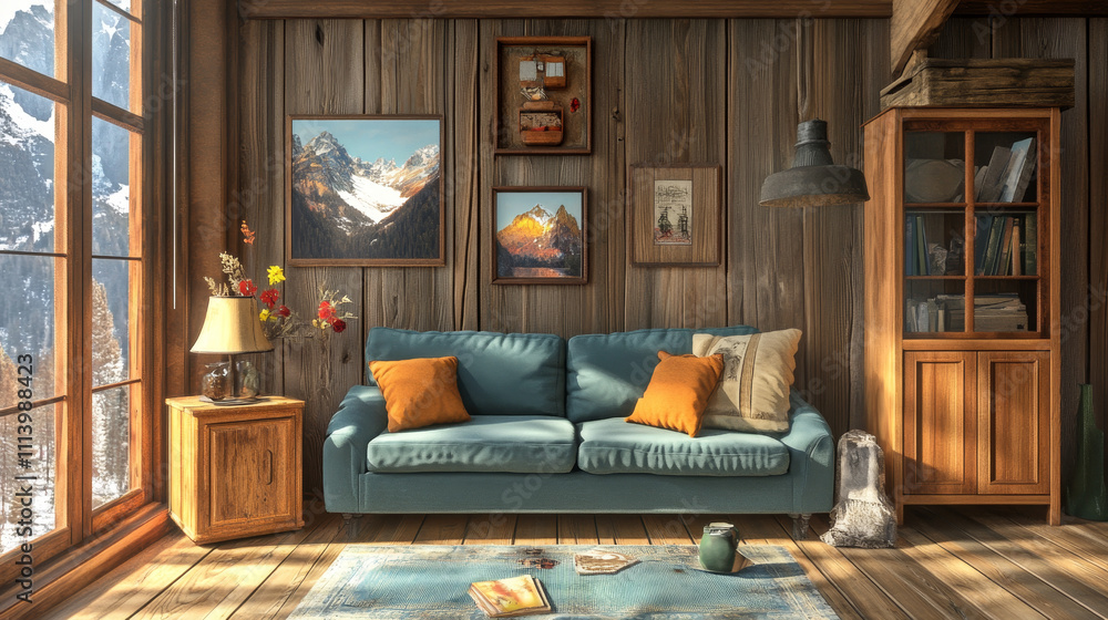 3D render showcasing a cozy living room interior design featuring a rusty-toned sofa paired with a blue mockup frame above it, creating a striking color contrast. The space includes a stylish wooden 3D render showcasing a cozy living room interior design featuring a rusty-toned sofa paired with a blue mockup frame above it, creating a striking color contrast. The space includes a stylish wooden