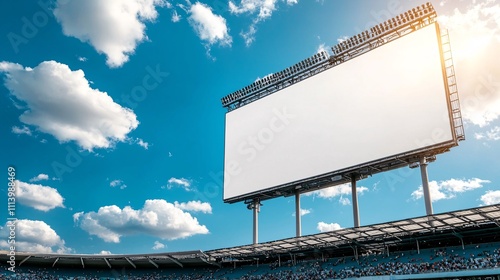 Advertise billboard display mockup concept. Large blank billboard in a stadium under a clear blue sky, ideal for advertising or marketing purposes. photo