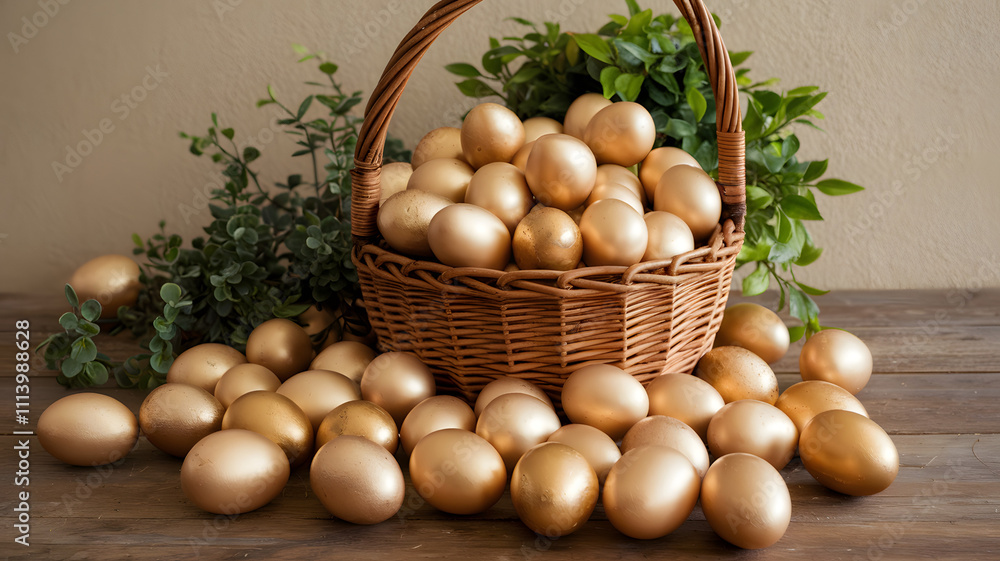 Basket Overflowing with Golden Eggs on Wooden Table, Symbolizing Prosperity, Wealth, and Luxury for Easter or Decorative Use Basket Overflowing with Golden Eggs on Wooden Table, Symbolizing Prosperity, Wealth, and Luxury for Easter or Decorative Use