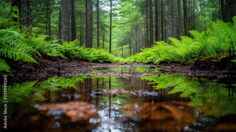 Forest Path Reflection In Still Water Amidst Ferns Forest Path Reflection In Still Water Amidst Ferns