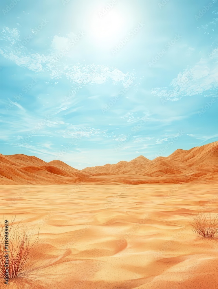Naklejka premium Global warming impact on desert landscapes, plants struggling to survive, 3D rendering