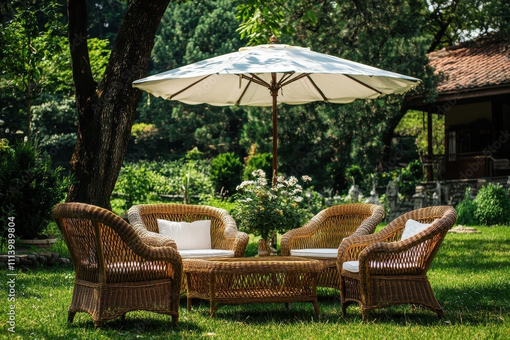 Garden features wicker furniture an outdoor chair set and a white umbrella Garden features wicker furniture an outdoor chair set and a white umbrella