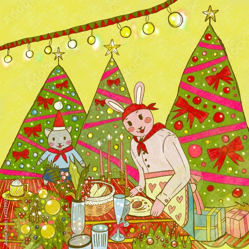 Christmas party with a bunny and a kitty