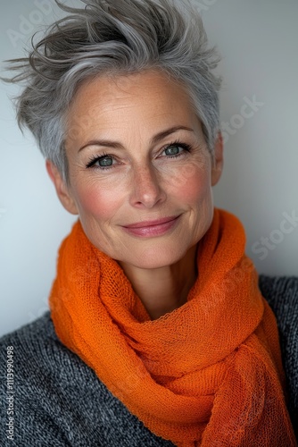 Photo for ID or passport - 50-year-old woman with short gray hair.