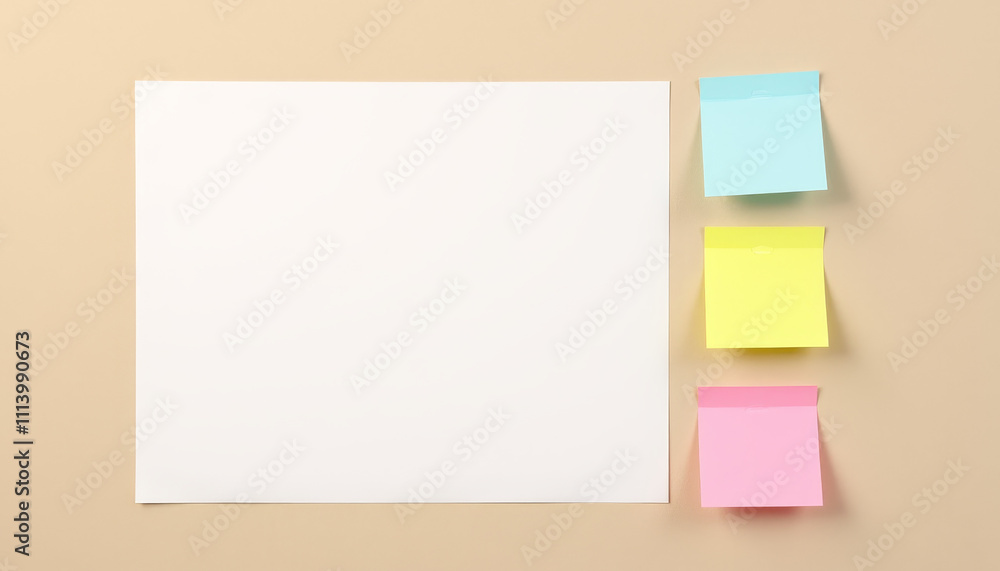 A4 paper mockup with pastel sticky notes on beige background for organization and creative messaging A4 paper mockup with pastel sticky notes on beige background for organization and creative messaging