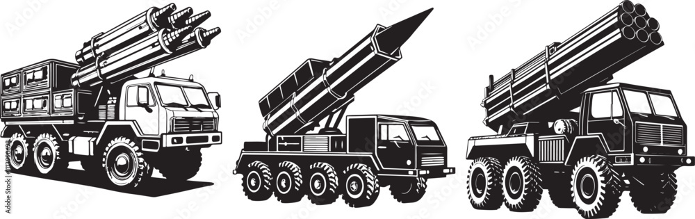 silhouette of a Three different modernized military artillery rocket launcher with mount truck.large modern military pickup truck with mounted weapons collection of vector silhouette of a Three different modernized military artillery rocket launcher with mount truck.large modern military pickup truck with mounted weapons collection of vector