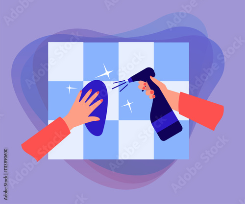 Hands cleaning surface with wipe and spray. Person spraying, disinfecting and wiping tiles flat vector illustration. Hygiene, cleaning service concept for banner, website design or landing web page