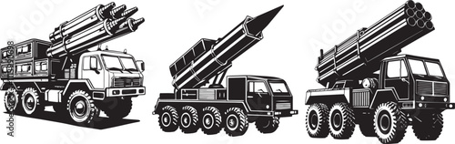 silhouette of a Three different modernized military artillery rocket launcher with mount truck.large modern military pickup truck with mounted weapons collection of vector 