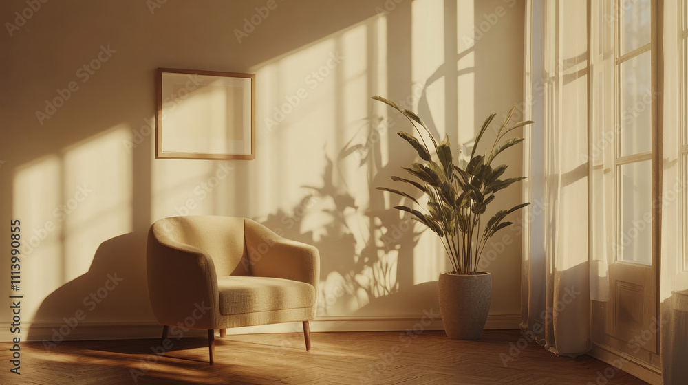 Fototapeta premium 3D rendering of a beautifully decorated living room in a minimal and cozy style. The design features a single elegant armchair positioned thoughtfully next to a lush green plant, creating a harmoniou