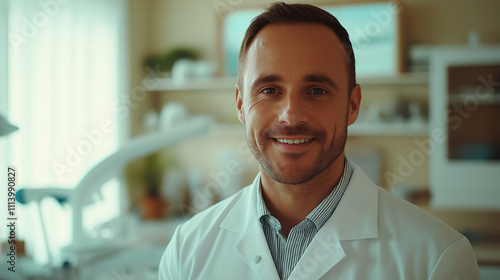 man in a white lab coat smiles at the camera. He's in a spa or clinic photo