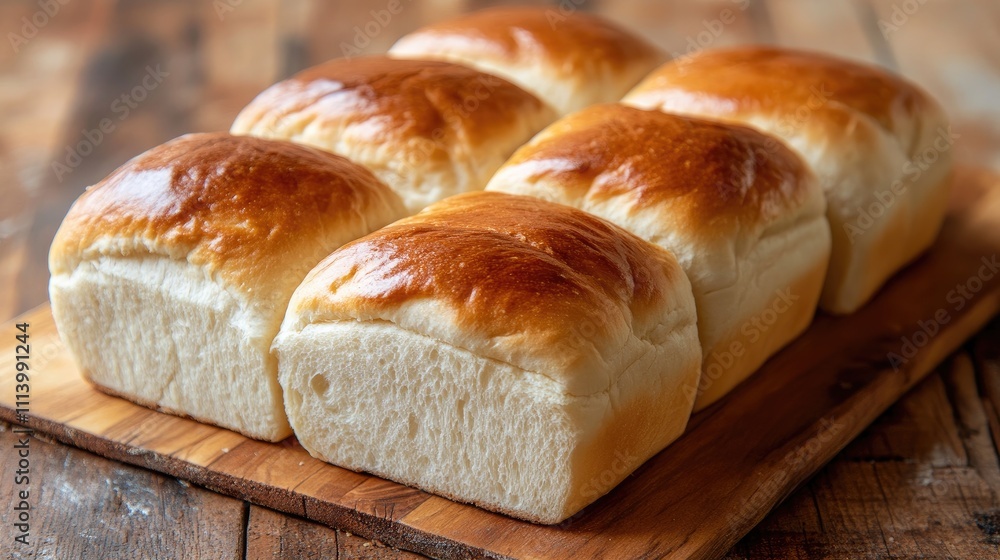 Eight golden-brown dinner rolls on a wooden board. Eight golden-brown dinner rolls on a wooden board.