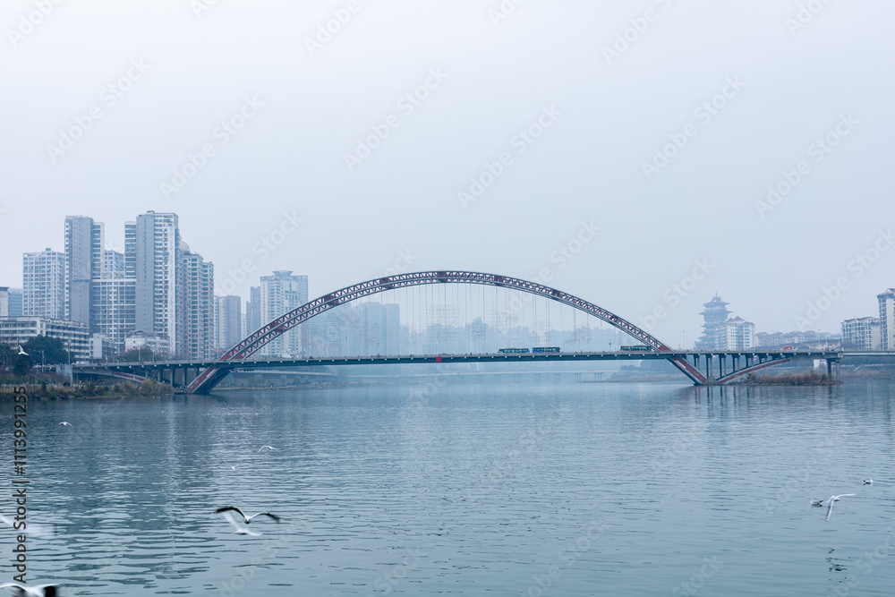 Fototapeta premium Fule Bridge, Fujiang River, Mianyang, Sichuan, China