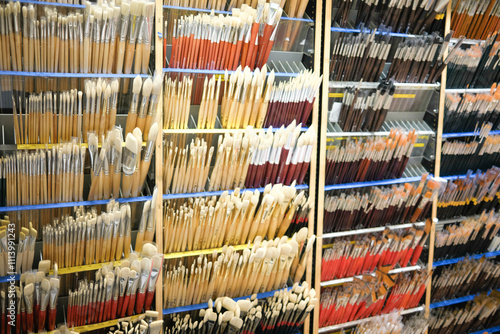 An array of paintbrushes organized by size and color on shelves in an art supply store.
