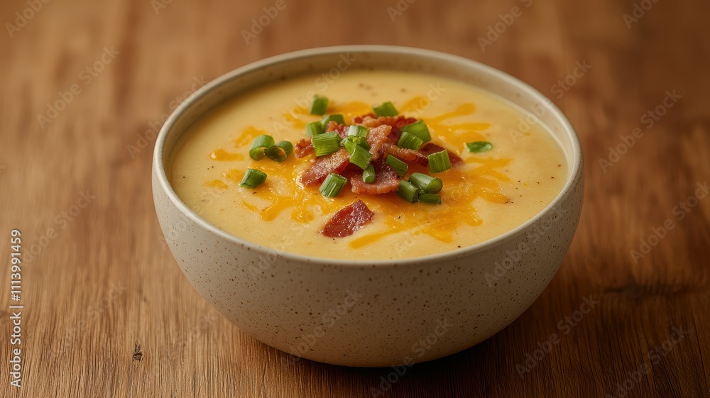 Creamy Cheddar Bacon Potato Soup Bowl Rustic Wooden Table Creamy Cheddar Bacon Potato Soup Bowl Rustic Wooden Table